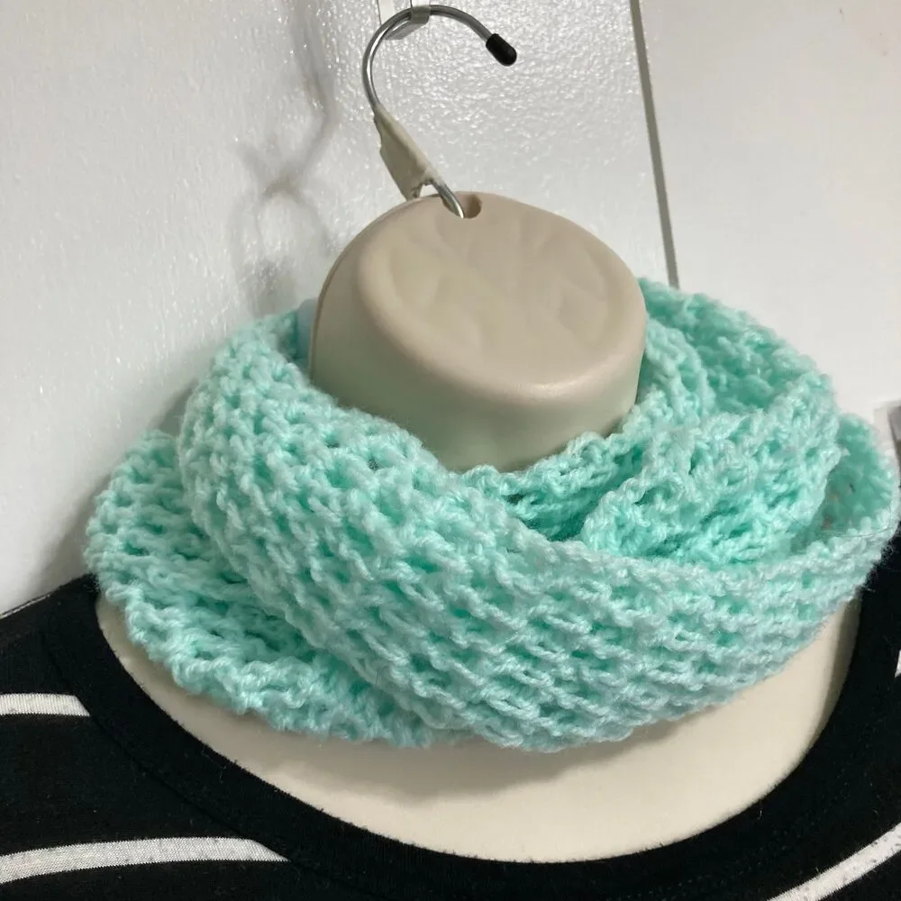 Infinity Scarf Light Teal Blue Windowpane Crochet Design 40 x 7.5 inches